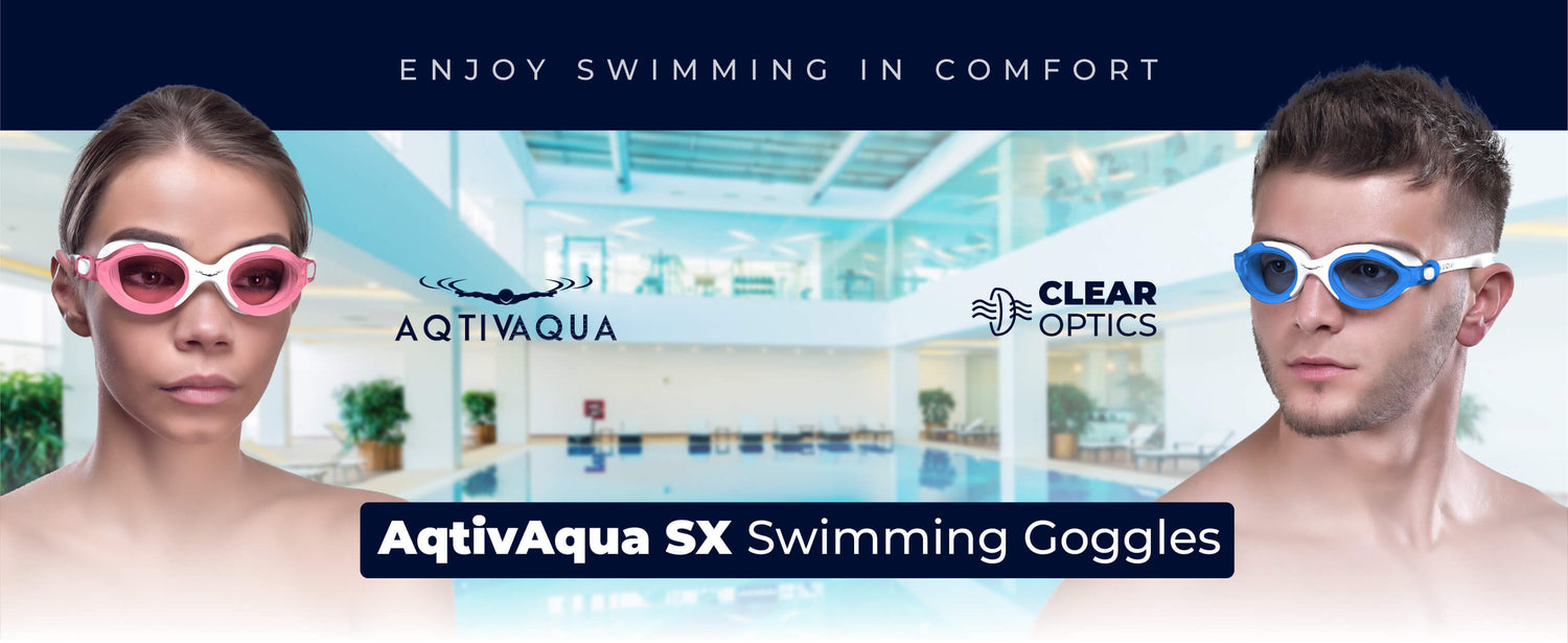 Men and women wearing AQTIVAQUA SX Swim Goggles – experience crystal-clear vision and stylish performance with AQTIVAQUA's premium goggles designed for competitive and recreational swimmers. Featuring anti-fog lenses, UV protection, and a leak-proof seal for maximum comfort and clarity